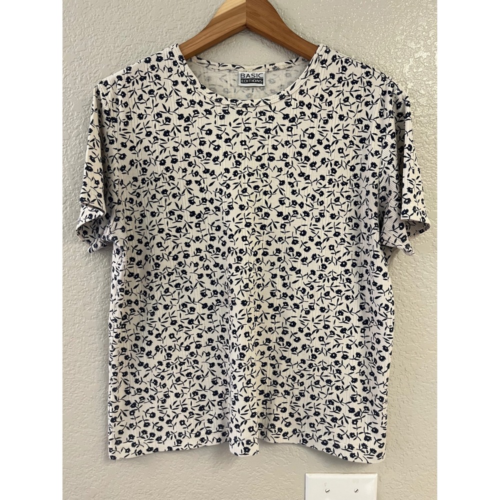 Basic Editions Womens White Ribbed Navy Blue Floral Short Sleeve Crew Neck Top